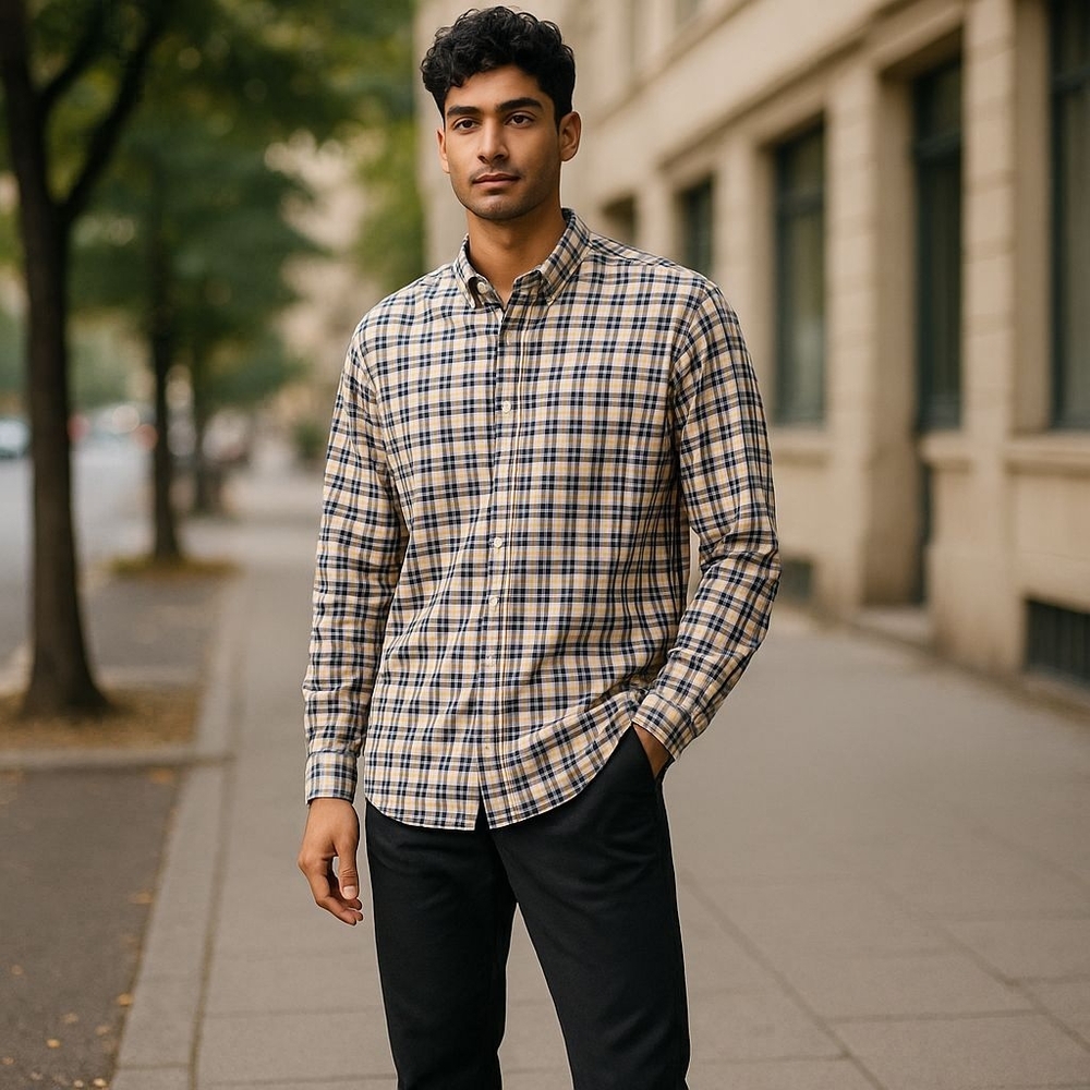 Men's Beige Checkered Shirt
